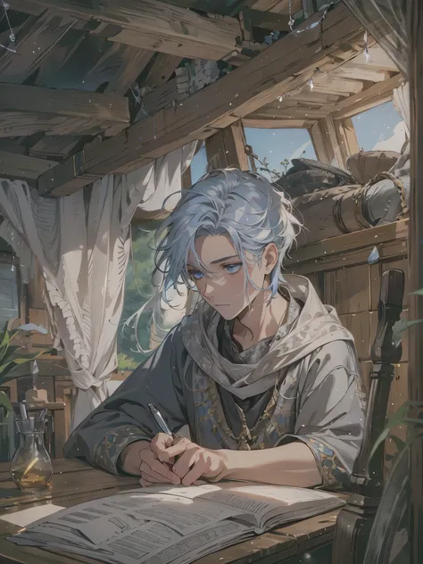 1 young man, alone, writing a book inside a medieval caravan, serene and reflective atmosphere, soft lighting coming through the caravans cloth roof, medieval caravan, 15 year old man, blue eyes, tattoo below the eyes, white colored hair , short hair, boyi...