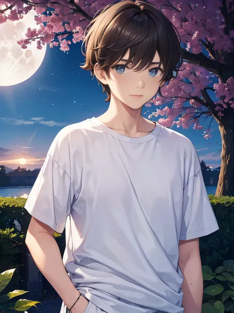 1boy,guy,Standing behind a tree, expression sad,blue eyes,close up photo,18 years old,Curly hair,medium hair,undercut hairstyle,light brown hair,Plain t-shirt, white t-shirt,white trousers,at Night, beautiful moon,ultra detail,masterpiece