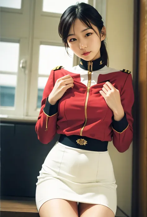 real photos、Highest image quality、beautiful woman、beautiful thighs、beautiful face、real image、federal army uniform miniskirt、ponytail、Yuriko Yoshitaka、16age日本人女性、Frau Bow、cute girl、white pantiesが丸見え、1６age、（white panties:1.3）、super mini skirt、beautiful thigh...