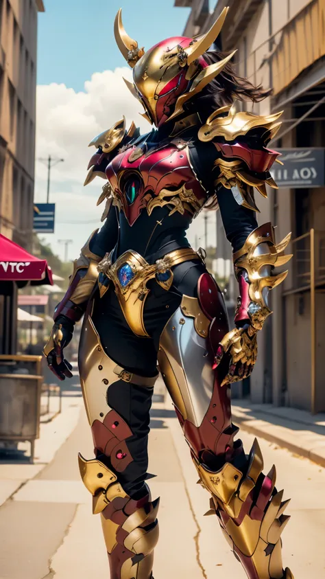 a woman adorned in fantasy-style full-body armor, a crown-concept fully enclosed helmet that unveils only her eyes, a composite ...