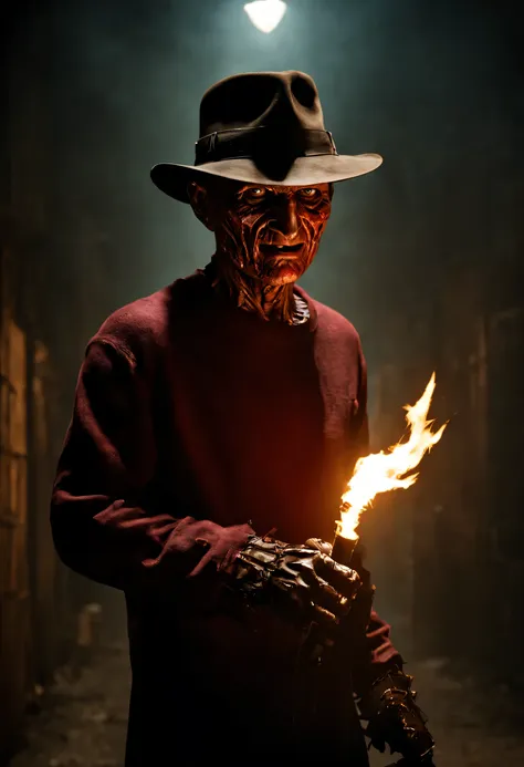 describe a freddy krueger con su atuendo original., hiding from people with torches, pensando en el futuro, spooky alley. (calid...