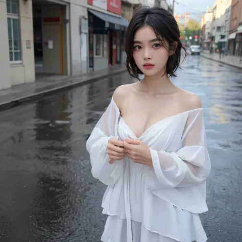 ((highest quality, 8k, masterpiece:1.3)), concentrate:1.2, perfect body beauty:1.4, buttocks:1.2, ((layered haircut, chest:1.2)), (wet clothes:1.1) , (rain, street:1.3), bandeau dress: 1.1, Highly detailed face and skin texture, fine eyes, double eyelid, w...