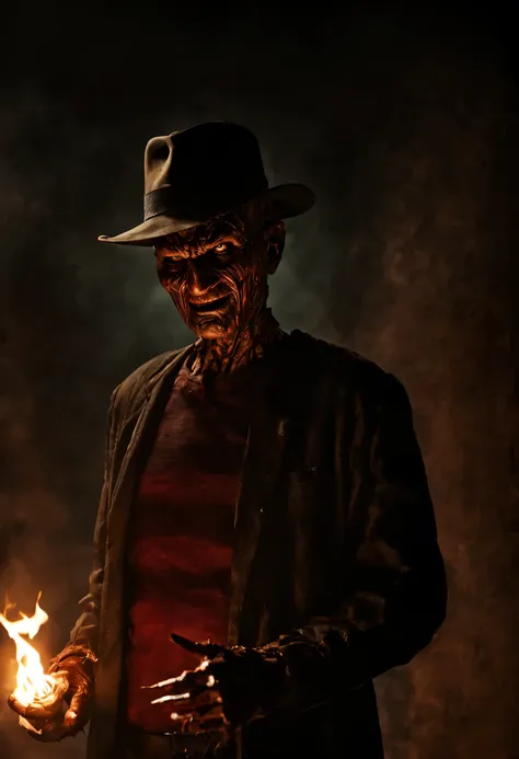 describe a freddy krueger con su atuendo original., hiding from people with torches, pensando en el futuro, spooky alley. (calid...