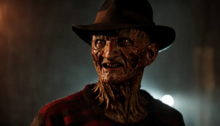 describe a freddy krueger con su atuendo original., acechando a una mujer, pensando en el futuro, spooky alley. (calidad premium...