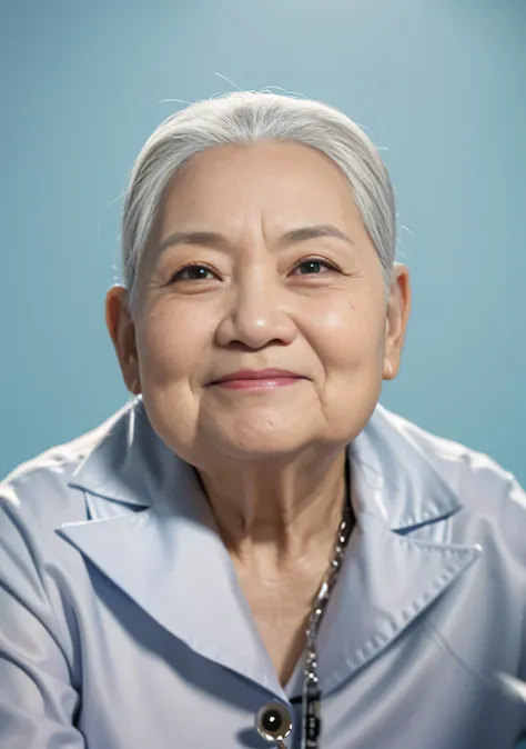 Highly realistic photo, ((masterpiece), (best quality), (raw photo), (photorealistic:1.4), Portrait of Vietnamese old woman, (80 years old), ((white hair)), ((wearing a gray suite)), ((light blue background)) , photo taken by Sony A7IV
