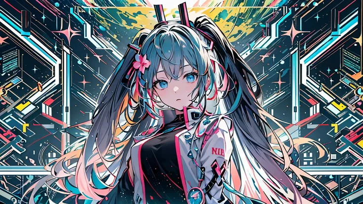 masterpiece、highest quality、highest quality,((High resolution)),(8K),Hatsune Miku, (cover style:1.3), ((((dramatic)))、(((intense)))、official art、(1 girl:1.3)、(fractal art:1.3)、Upper body、From the side、looking at the viewer、pattern、glitch、starry sky、univers...