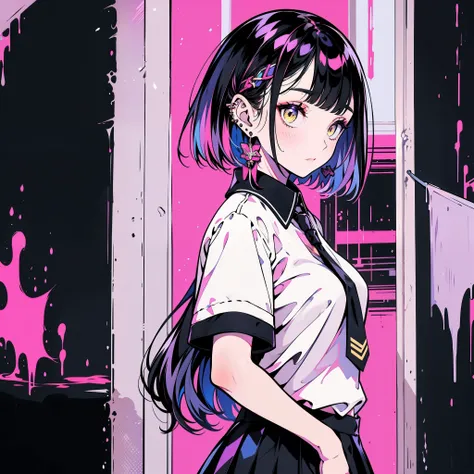 girl in school uniform with black and purple hair standing in front of 黄色の背景, 1 girl, alone, short hair, skirt, shirt, black hai...