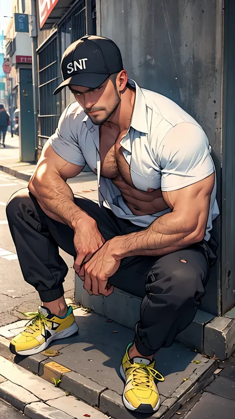 muscular homeless man sitting on the street with ripped shirt