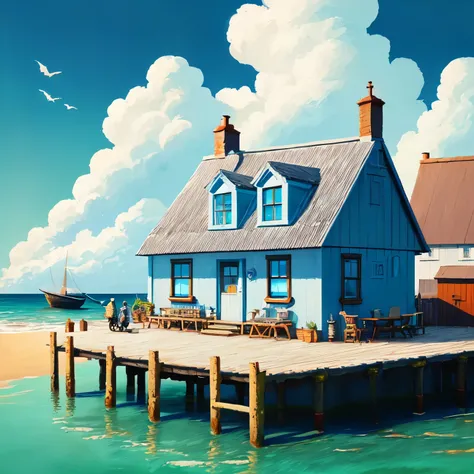 Seaside cottage, blue sky, white clouds, small boats, persons, the detail , best qualityer .