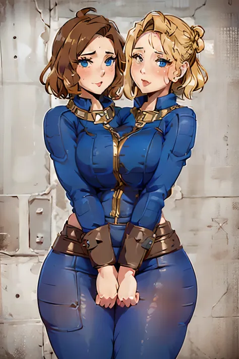 nsfw, slutty vault girl from fallout, conjoined 2heads,2girls, 1 blonde, 1 brown,