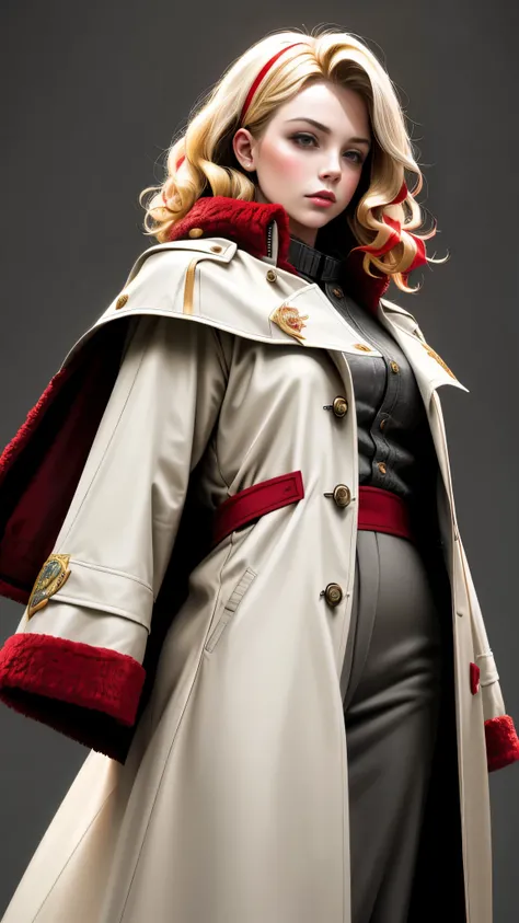 Realistic Red Sotheby Girl Photo，Side waves with a short cut，Blonde hair with red tips，cool look，background is gray，Coat of arms of the Principality of Zeon，