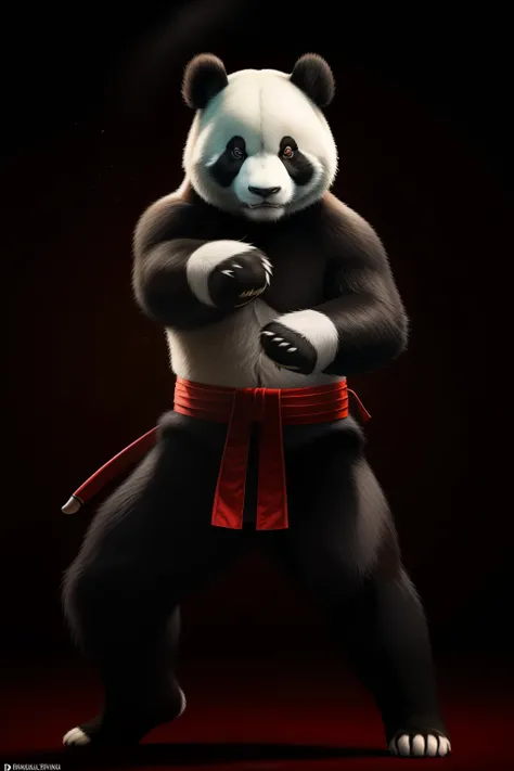 A realistic rendering of a panda in a classic Bruce Lee costume, meticulously practicing Chinese Kung Fu. The scene is set against a neutral background, creating a moody and focused atmosphere. The details of the costume and the pandas expression are fotor...