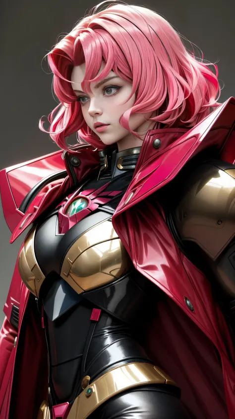 Realistic Red Sotheby Girl Photo，Side waves with a short cut，Her hair color is bright pink with red tips.，cool look，background is gray，Coat of arms of the Principality of Zeon，The 16-year-old daughter of Hamankarn and Char Aznable.，