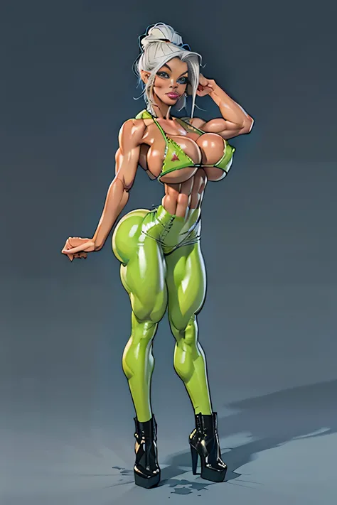  Generate an illustration of a mature Jade Cargill, ((wwe)),  silver hair ,  (black skin), de terno preto, (bikini:1.3), short hair, hair combed back, (gigantic breasts:1.3), in anime format with a serious style, (green Leggings), ((white and black bikini)...