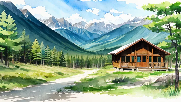 mountain hut　in the forest　watercolor painting