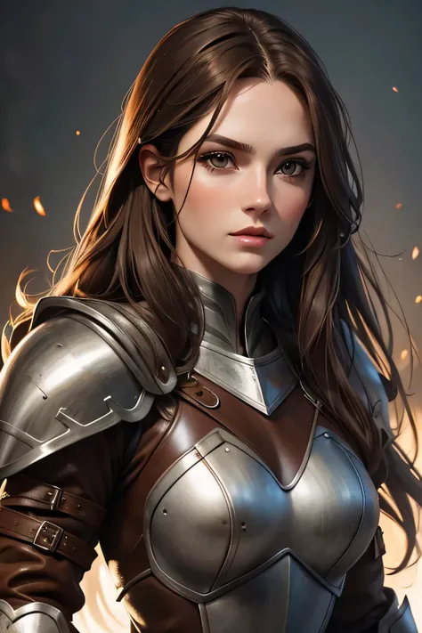 8K portrait of a powerfully built woman with long brown hair, brown eyes, pale skin, and full lips, wearing leather armor