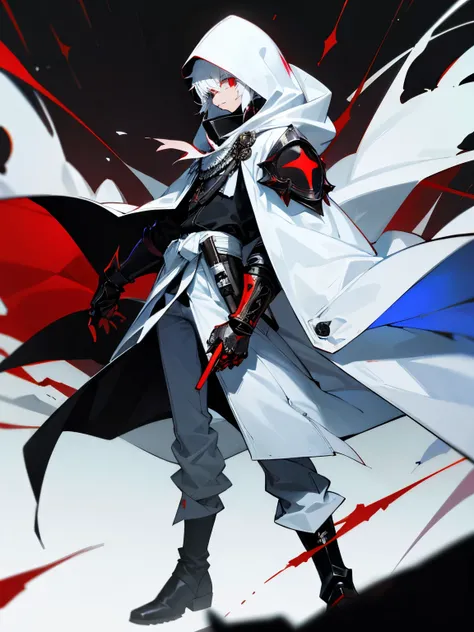 Ataty is a Anime dark boy white hooded coat with white tactical mask with black jeans and black boots with red eyes glowing(internal armor)(leather gauntlet with black stone on left arm)