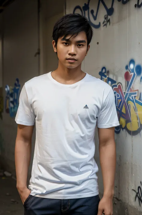 20 year old Indonesian man, wearing a plain t-shirt (shirt style) visible throughout the body, graffiti background, realistic, UHD