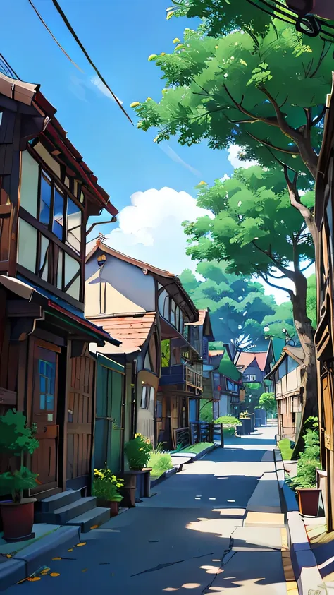 anime - style street scene with a tree and houses in the background, anime background art, style of makoto shinkai, japanese str...