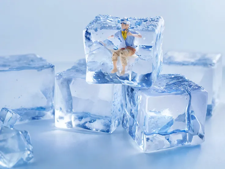 there are ice cubes with a figurine of a man on them, female made of ice, made of ice, cold, cool marketing photos, an ice cubes, 微型product photo, 一切都是made of ice的, trapped in ice, melting ice cubes, ice cubes, product photo, miniature photography closeup,...