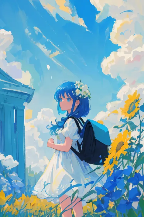 In the new scene, the cartoon girl in the field of flowers with a backpack is depicted against a serene blue backdrop. The blue hue gives the image a calming and refreshing feel, making the blooming flowers pop even more. The childrens art on ArtStation, c...