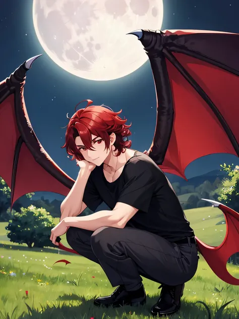 1boy, cool style,Black t-shirt,squat on the grassy hill, night, beautiful moon, big bat wings on his back,handsome,Shoulder length hair,curly hair, red hair,black trousers, black shirt, red eyes, vampire