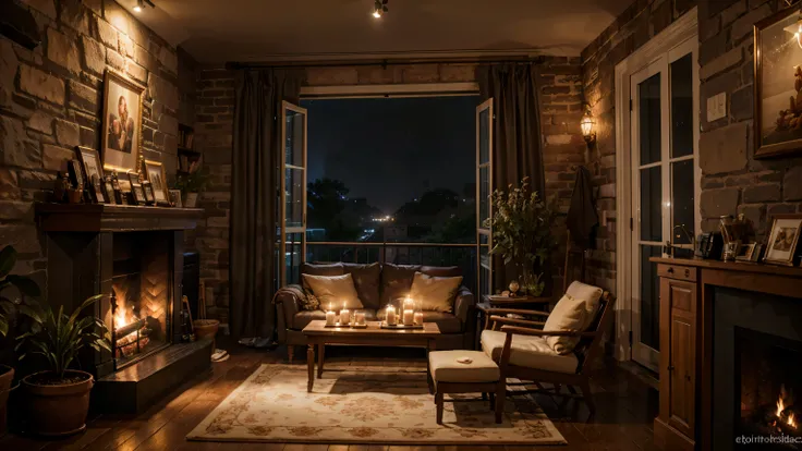 (balcony house lobby) raining outside bakery shop, night city, fireplace, waterfalls outside, cozy place, books place, warm beautiful scene, cozy atmospheric, cozy environment, cozy setting, cozy enchanted scene, very realistic, cozy atmosphere, cozy and p...