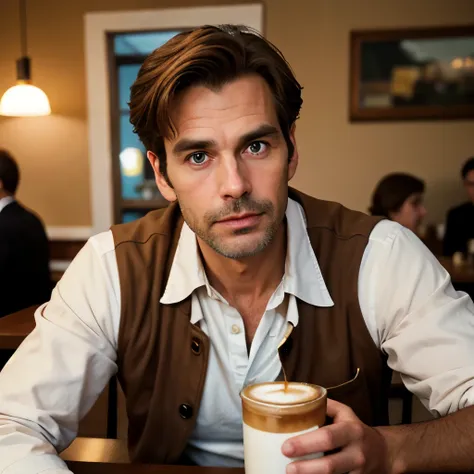 ultra-realism 16K photo of a 40yo handsome man in a coffee shop,round face,White shirt,Brown jacket,Looking straight ahead at the camera,table,waiter,Gentle expression,Gentle eyes,35mm,professional,highly detailed,masterpiece, film still, cinematic appeara...