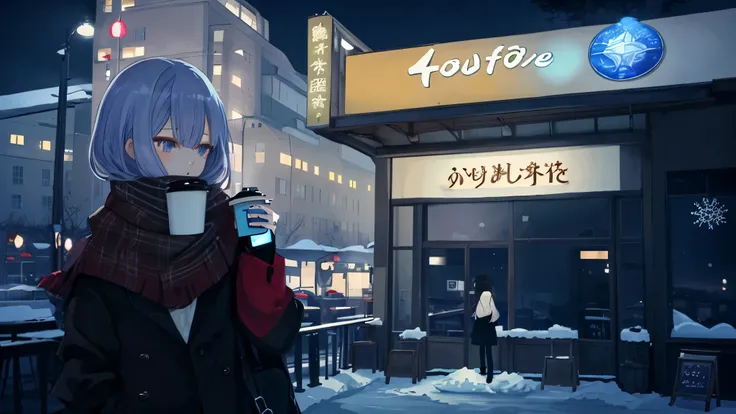 anime girl wearing winter clothes standing in front of coffee shop, anime style 4 k, mysterious cafe girl, cold snow outside, ni...