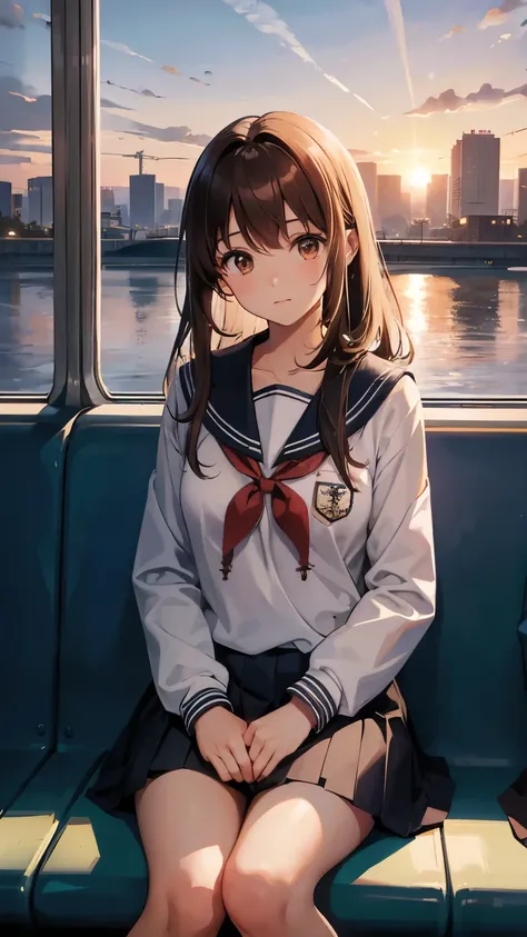 1girl, high school girl, Medium hair, brown hair, sailor school uniform, brown eyes, sitting in the train station, sunset,