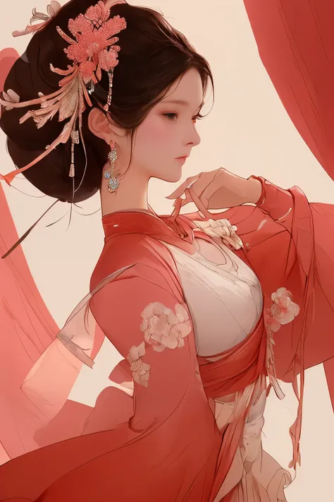 A magnificent bust of beauty adorned in Chinese style and Hanfu clothing, no nudity involved. The young empress wears an elaborate red lace top, featuring intricate phoenix patterns, beneath a deep-breasted nightgown. Her flawless white and pink face is fr...