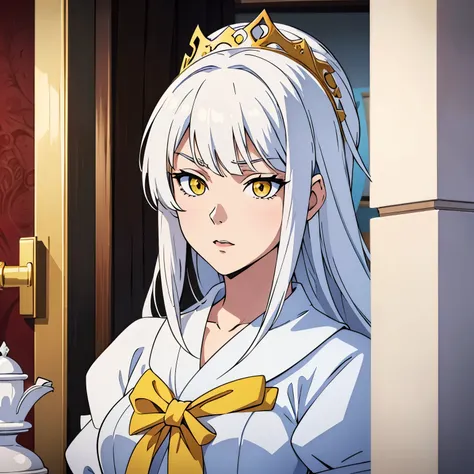 White, girl, chess, princess, beautiful, wonderland, Strong White hair, anime, yellow eyes, Cute, very beautiful, White clothes, 20 years, Very white hair, beautiful face, fire