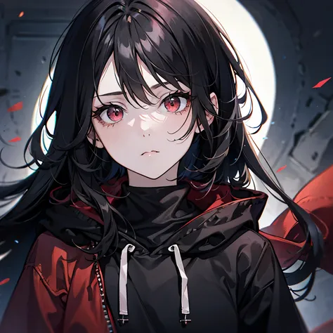 a girl with long black hair and red eyes. messy hair. staring blankly. wearing a black hoodie. (close-up:1.1)