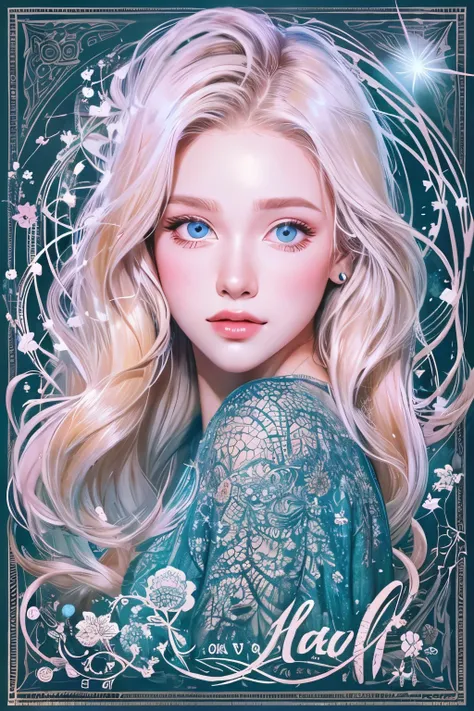 This is art that looks like a book cover. The background is a pale color and has an abstract feel like a fractal shape. In the center is a cute girl with a dynamic pose and angle. She has semi-long hair. Her hair color is blonde and slightly wavy. She look...