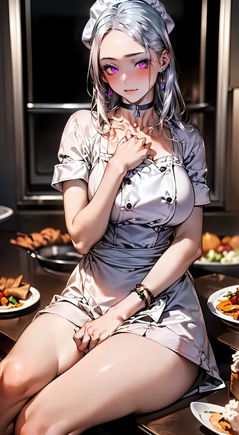 (masterpiece:1.2, highest quality), (realistic, photorealistic:1.4), beautiful illustrations, 
looking at the viewer, whole body, Front view:0.6, 
1 female, 20-year-old, Japanese, ((silver hair:1.5, chef&#39;s hatに纏めた髪:1.5)), bangs, hair between eyes, ((he...