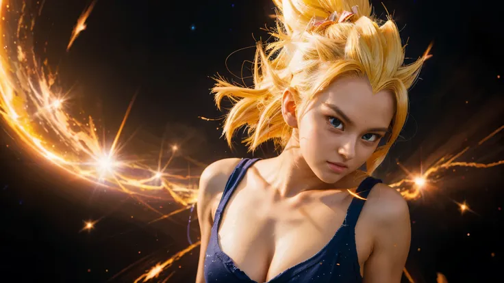 anime, beautiful girl, dragonball style, super saiyan, perfect face, beautiful face, high details, galaxy background, energy, electricity, energy aura around girl, Vegeta, sexy
