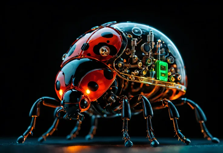 whole body, Pure black background, The combination of biology and machinery, Transparent mechanical ladybug, The internal structure is complex and precise, glowing neon light, (Luminous electronic components)