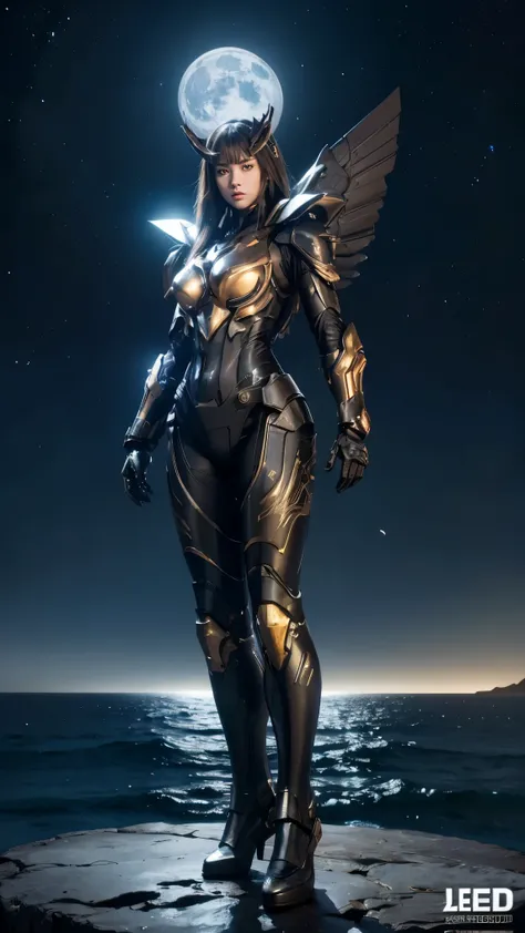 Cinematic scene, extremely detailed, Ultra realistic, masterpiece, best quality graphics, 1girl, adult, brown eyes, pretty face, wearing mecha armor. Led, steel, body suit, dark color, Batik motif. ((Background night sky, big moonlight)) . (((full body vie...