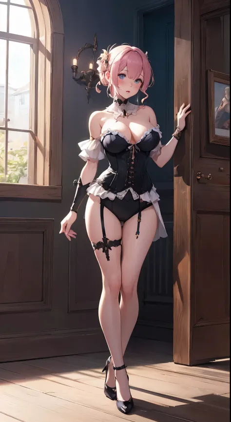 1girl, yuicere, large breasts, highly detailed, masterpiece, illustration, game cg, collarbone, standing, glossy lips, blush, strapless corset, thigh highs, high heels