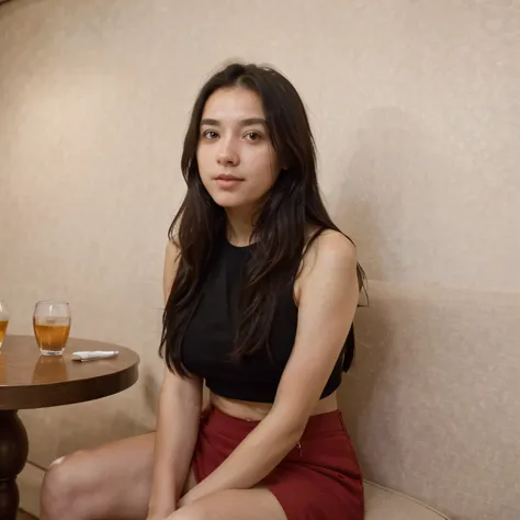  lovely cute young attractive teenage girl, village girl, 18 years old, cute, an Instagram model, long black_hair, colorful hair, winter, dacing, wear red top, sitting at luxury restaurant, drinking coke, clean face
