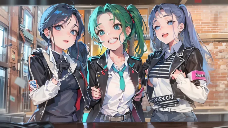 (((3 girls, lovely smile))), (in a school blazer), 
(((3 girls people-completely different hairstyles))),  
(a ponytail green hair long hair cute girl, 14 yo),
(a forehead:0.5 blue hair long hair lovely girl, 14 yo), break,
((a black straight long hair fem...