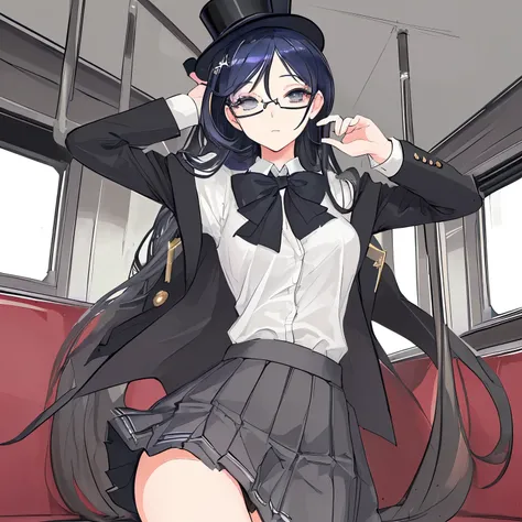 (masterpiece, sidelighting, ultra-detailed, finely detailed beautiful eyes: 1.2) glasses, 1girl, top hat, school uniform, short skirt, big , riding in a train. 
