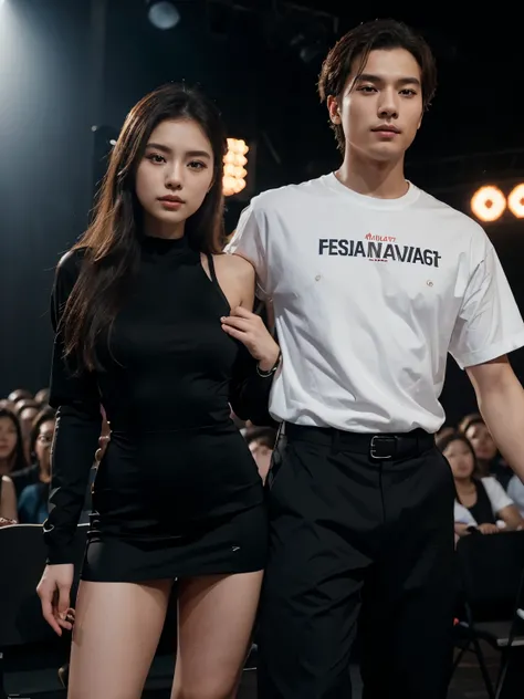 a man and a woman standing next to each other on a music band festival stage, an image, inspired by Adam Dario Keel, which is trending in the cg community, beautiful young Korean woman dressed in a black long party dress movie screencap, model elisajes fro...