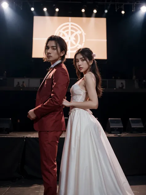 a man and a woman standing next to each other on a music band festival stage, an image, inspired by Adam Dario Keel, which is trending in the cg community, beautiful young Korean woman dressed in a long party dress movie screencap, model elisajes from acqu...