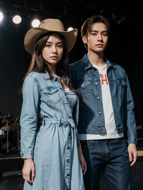 a man and a woman standing next to each other on a music band festival stage, an image, inspired by Adam Dario Keel, denim jacket, which is trending in the cg community, beautiful young Korean woman dressed in a long party dress movie screencap, model elis...