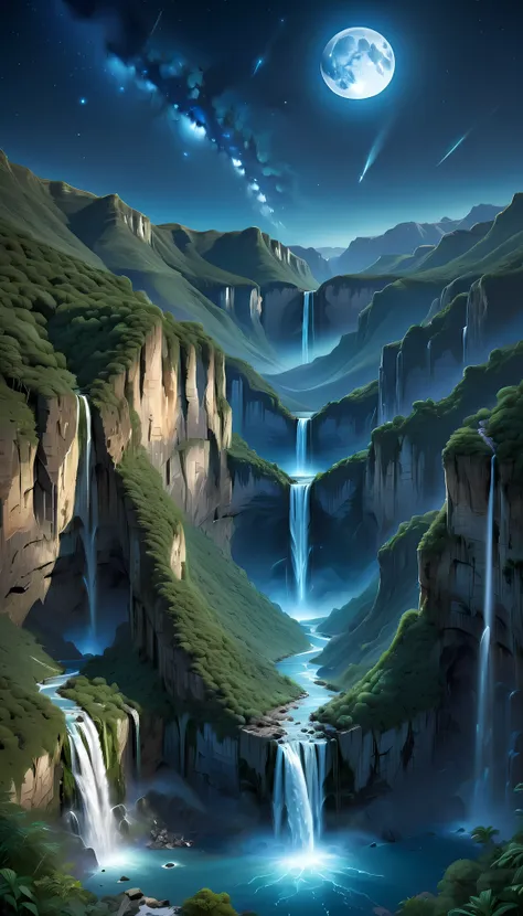 towering steep and towering high waterfall cliff garden wild, asymmetric waterfall canyon,
coexistence with the natural environm...