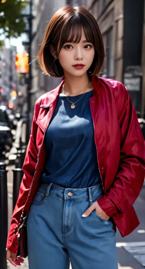 (((red jacket:1.3, denim pants:1.2))), medium bob