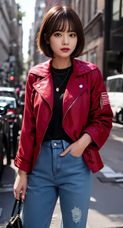 (((red jacket:1.3, denim pants:1.2))), medium bob