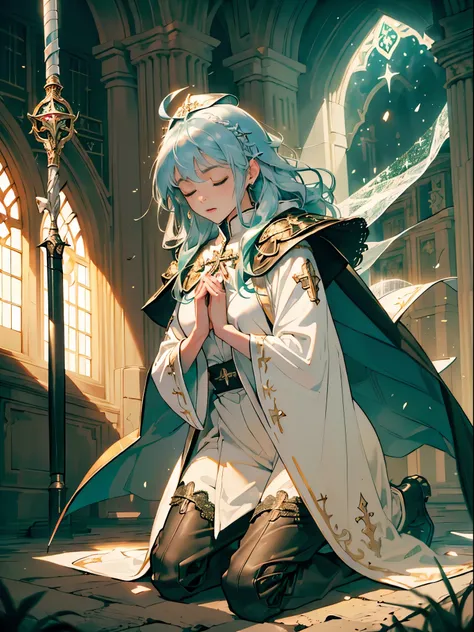 masterpiece, ultra detailed, 8k portrait, RAW photo, portrait photography, Highly detailed face, beautiful, (((close eyes))), ((Fantasy)), Young beautiful, (((Female priest))), (((((wariza))))), (((pray with your hands together in front of your chest))), (...