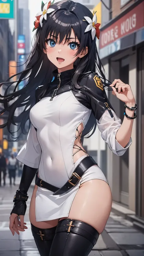 woman,14 years old,,city,night,(((white and blue tight miniskirt bodysuit))),,open mouth smile((leather thigh high boots))(See-through),(()),((Saten Ruiko)),blush、surprised face,((())),((look back))(wet with sweat)Reflecting the buttocks